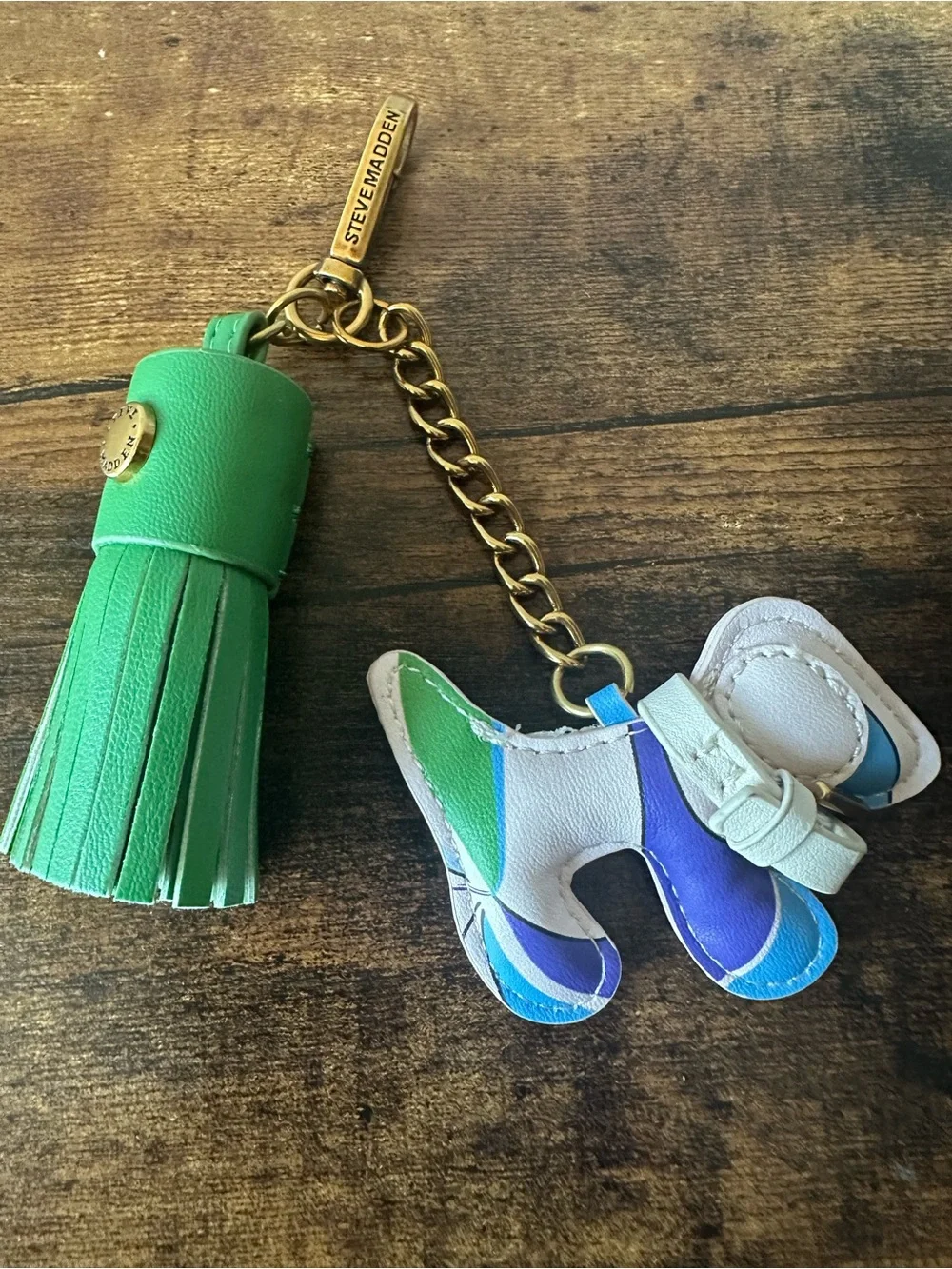 Steve Madden Blue White Multi Color Dog & Green Tassel Keychain Bag Charm NWOT